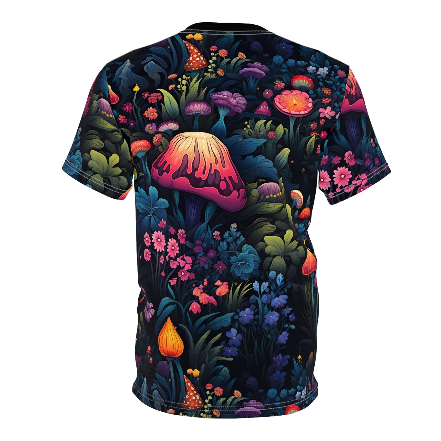 Magical Fairy Forest with Colorful Mushrooms and a little Gnome Girl Unisex Cut & Sew Tee (AOP)