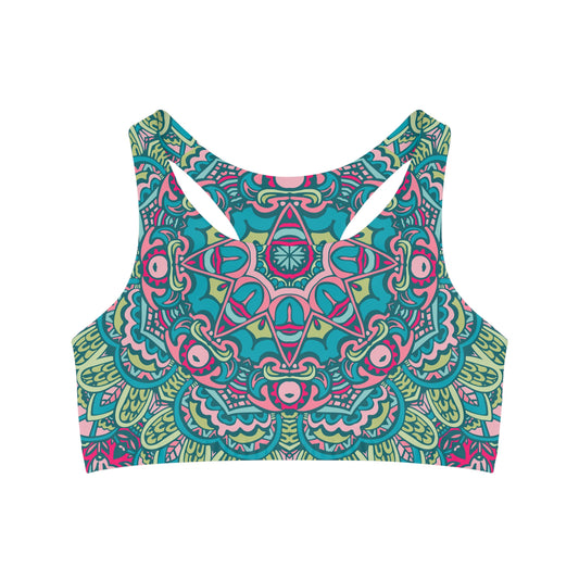 Boho Bliss: All Over Print Seamless Sports Bra with Green Boho Vibes