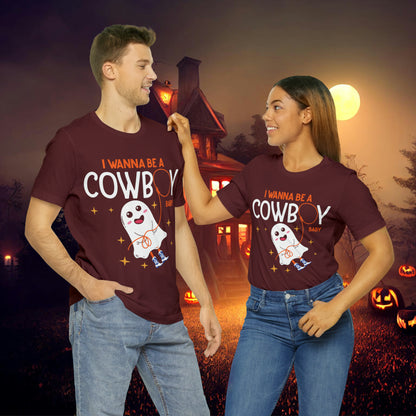 Little Ghost Saying I wanna be a cowboy baby Retro Groovy Western Halloween Unisex Jersey Short Sleeve Tee Gifts for Him Gifts for her.
