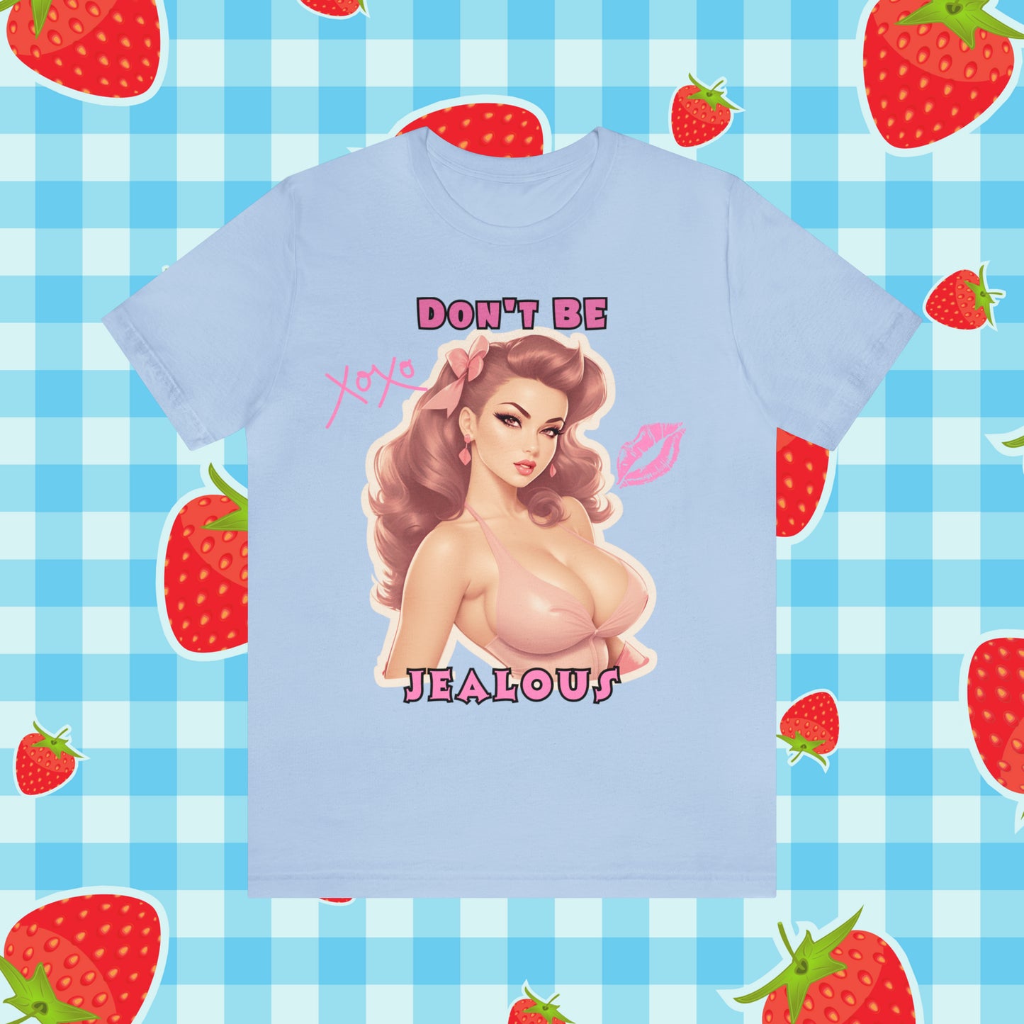 Timeless Elegance: Vintage Pink Pinup Girl "Don't Be Jealous" on a Bella+Canva 3001 Unisex Jersey T-Shirt - A Must-Have Gift for her