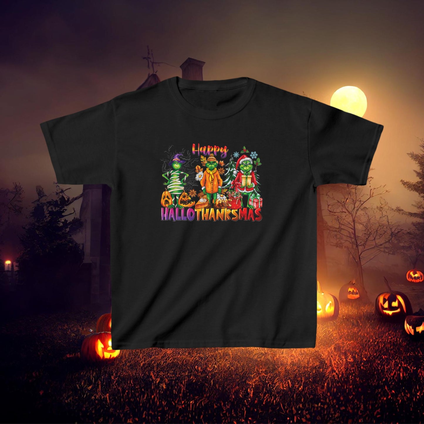 Celebrate All the Holidays with the Grinch’s Happy Hallothanksmas Tee Kids Heavy Cotton™ Tee