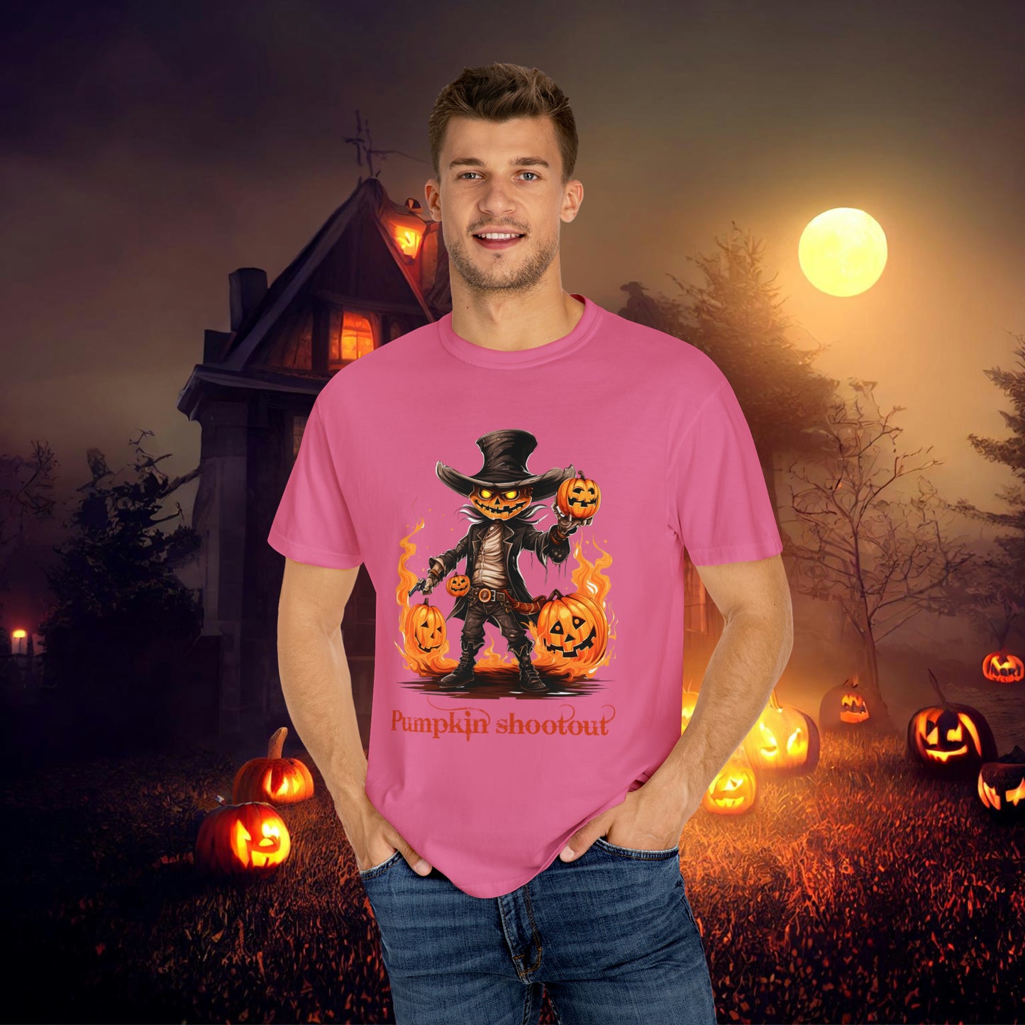 Cowboy Skeleton Gunslinger Pumpkin Shoot Out Halloween Unisex Garment-Dyed T-shirt Gifts for her Gifts for him