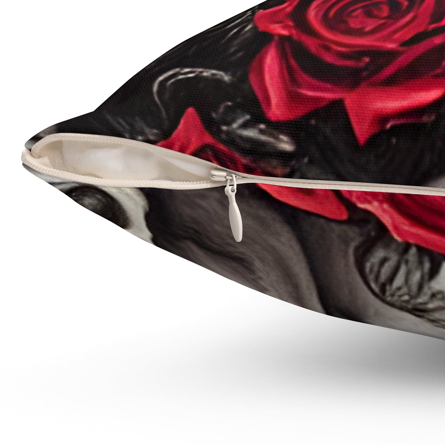 Hyper Realistic Skulls and Red Roses by artist Anne-Laure Goupil Spun Polyester Square Pillow