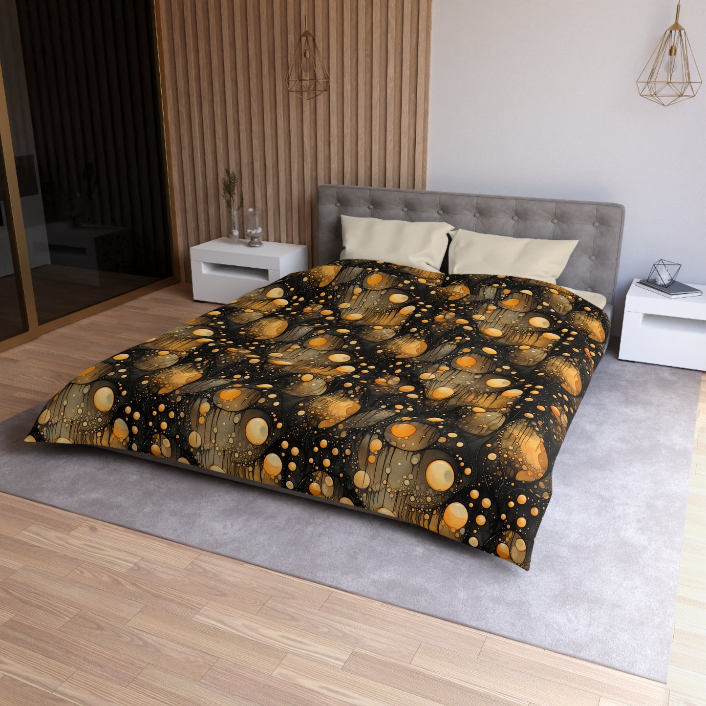 Halloween Yellow Orange Floating Blobs and Dark Microfiber Duvet Cover