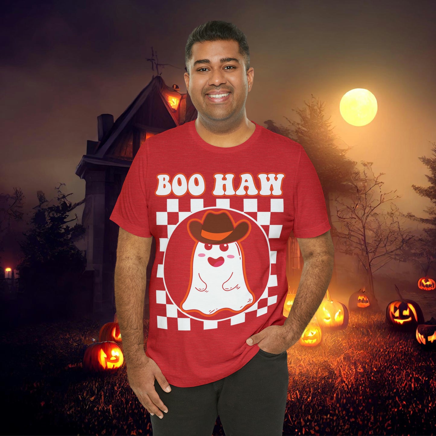 Cute Cowboy Ghost Saying Boo Haw Retro Groovy Western Halloween Unisex Jersey Short Sleeve Tee Gifts for Him Gifts For Her