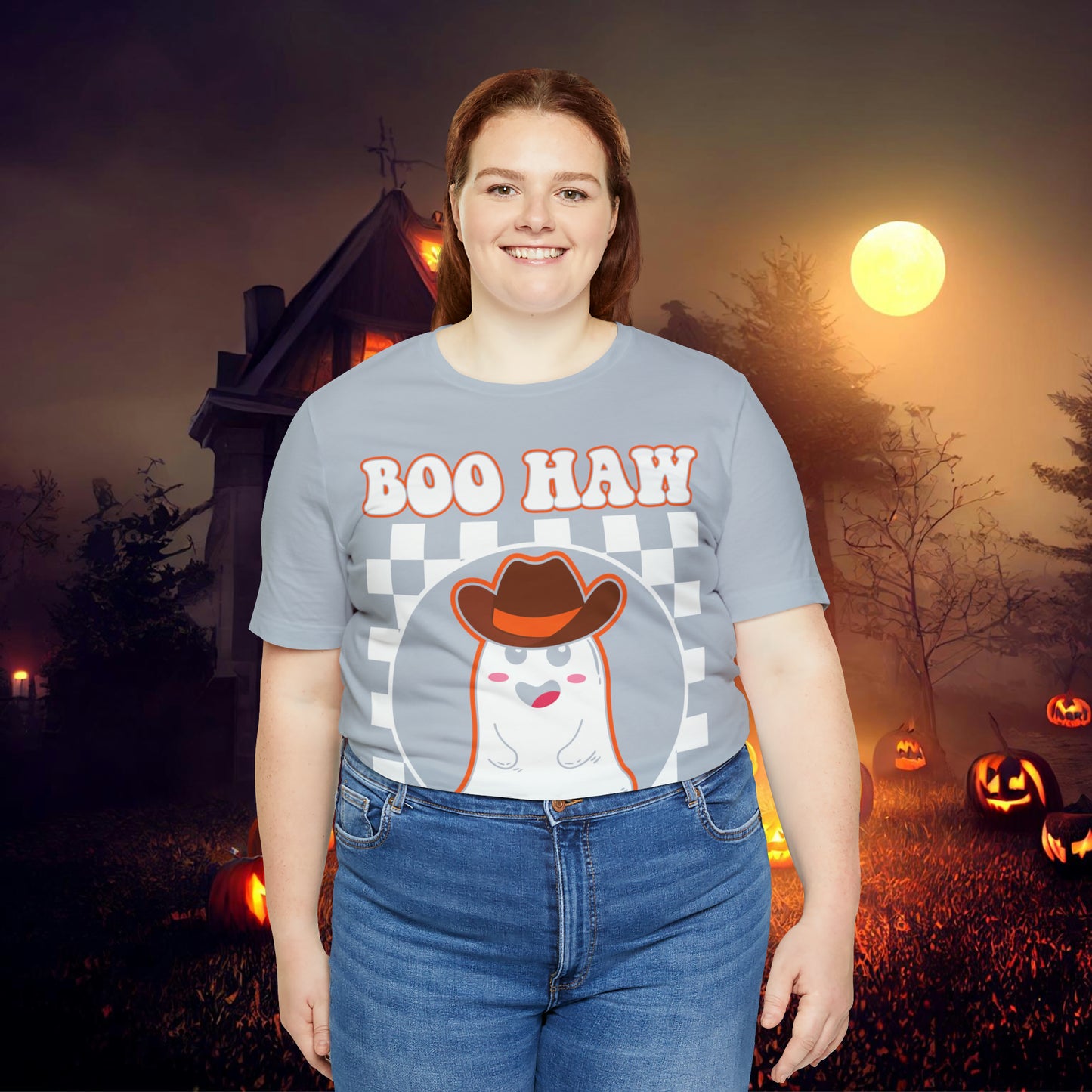 Cute Cowboy Ghost Saying Boo Haw Retro Groovy Western Halloween Unisex Jersey Short Sleeve Tee Gifts for Him Gifts For Her