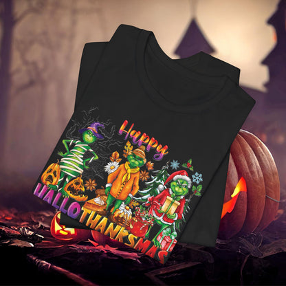 Celebrate All the Holidays with the Grinch’s Happy Hallothanksmas Tee Unisex Jersey Short Sleeve Tee