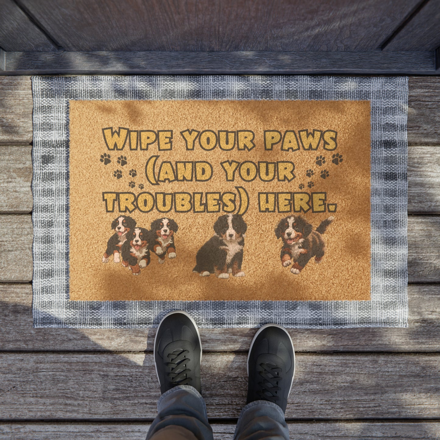 Wipe Your Paws (and Your Troubles) Here' Bernese Mountain Dog Puppies Doormat | 24" x 16" | Outdoor Coir Welcome Mat