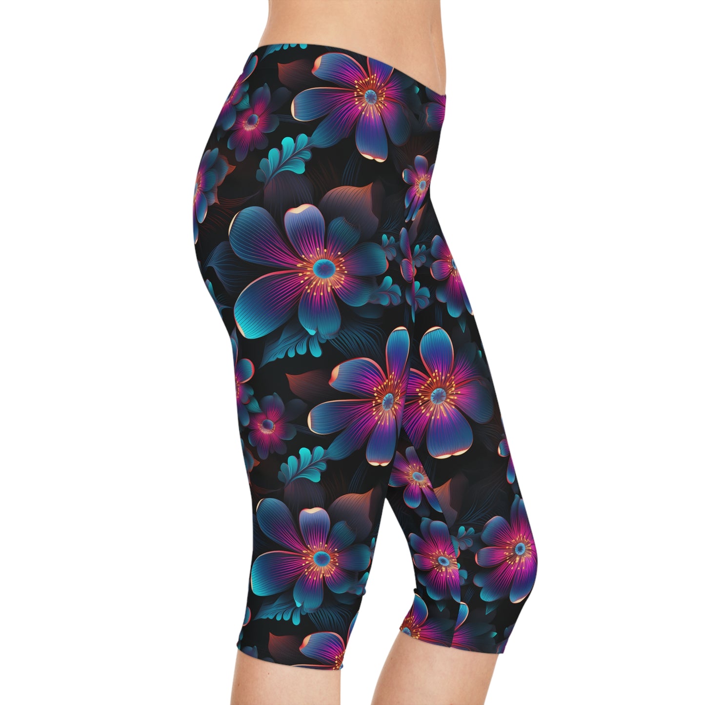 Women's Capri Leggings with Neon Flower Pattern - Vibrant AOP Activewear