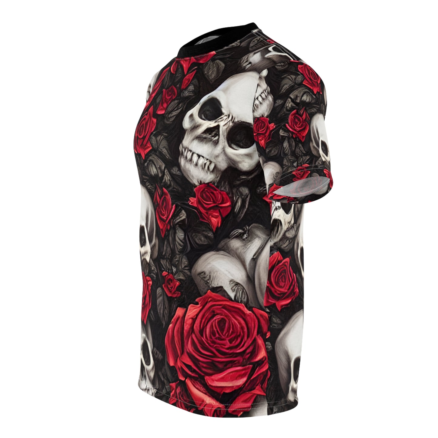 Hyper Realistic Skulls and Red Roses by artist Anne-Laure Goupil Unisex Cut & Sew Tee (AOP)