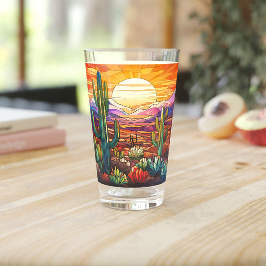 Desert with a Cactus Bloom: A Stained Glass Tribute to Cacti 16oz Pint Glass Gift idea gifts for home decor housewarming gift