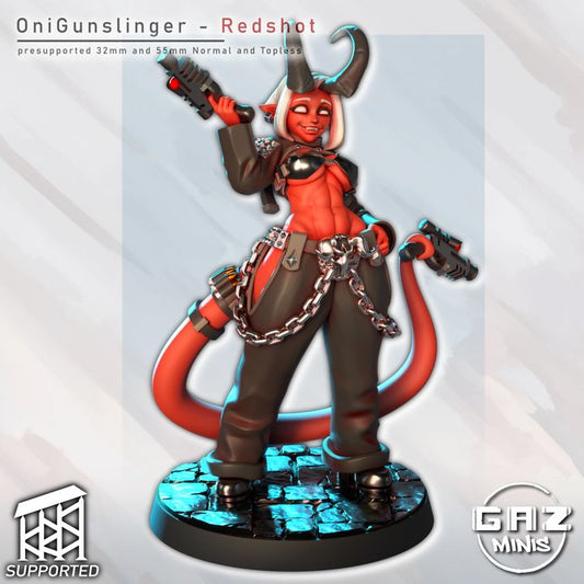 Redshot - Oni Gunslinger Miniature – Tiefling with Pistols (32mm & 55mm, SFW/NSFW)
