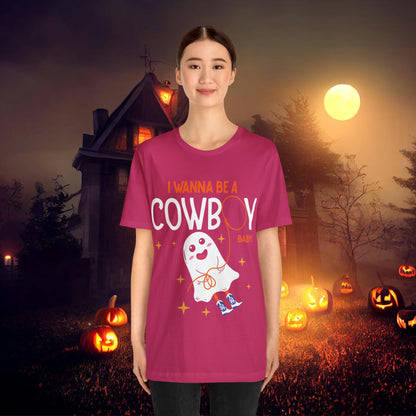 Little Ghost Saying I wanna be a cowboy baby Retro Groovy Western Halloween Unisex Jersey Short Sleeve Tee Gifts for Him Gifts for her.
