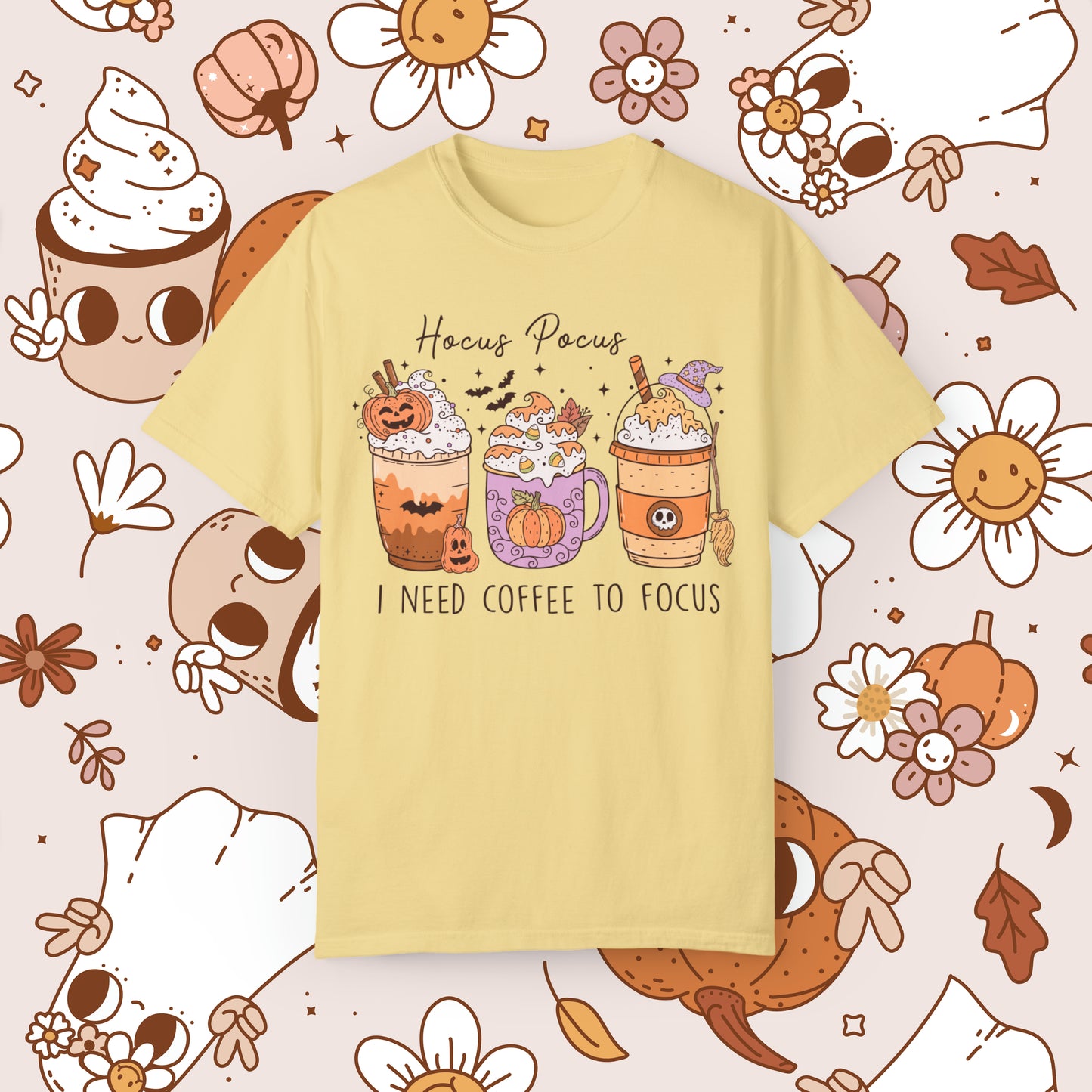 Hocus Pocus I need Coffee to Focus Retro Groovy Halloween Unisex Garment-Dyed T-shirt Gifts for Him Gifts for Her