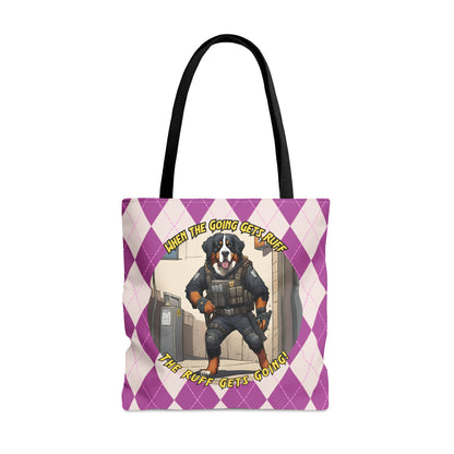 Bernese Mountain Dog Tote Bag | AOP Purple Rhombus Pattern | 'When the Going Gets Ruff, the Ruff Get Going' SWAT Gear Dog Art