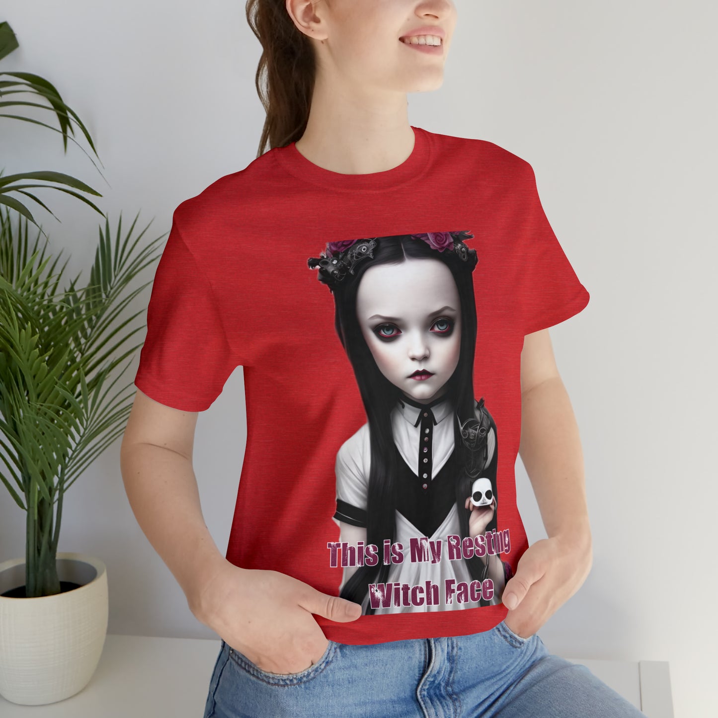 Wednesday Addams Chibi by Charlie Bowater This Is my Resting Witch Face Halloween Unisex Jersey Short Sleeve Tee