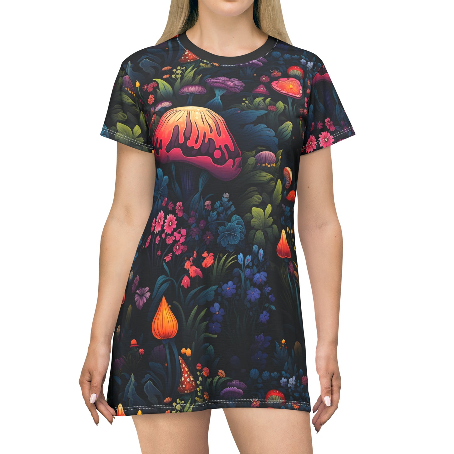 Fairy Tale Magical Forest With Colorful Mushrooms T-Shirt Dress (AOP)