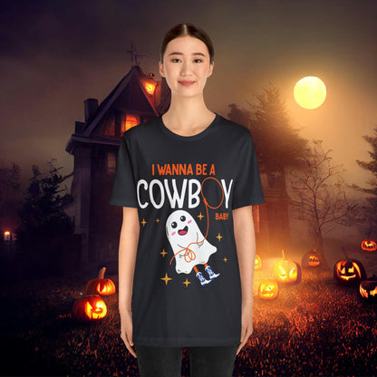 Little Ghost Saying I wanna be a cowboy baby Retro Groovy Western Halloween Unisex Jersey Short Sleeve Tee Gifts for Him Gifts for her.
