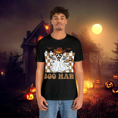 Cowboy Gunslinging Ghost saying Boo Haw Retro Western Halloween Unisex Jersey Short Sleeve Tee Gifts for Him Gifts for Her
