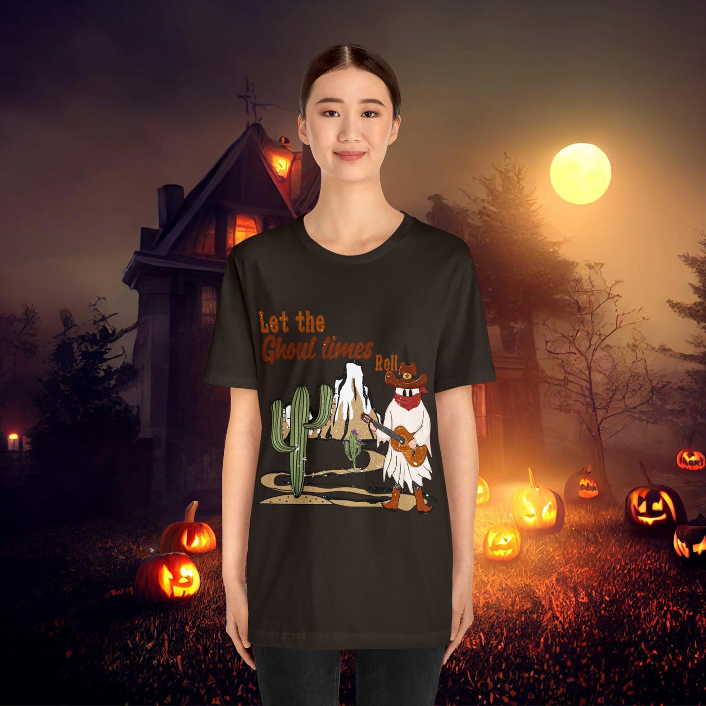 Cowboy Ghost playing the Guitar singing Let the Ghoul times roll Halloween Unisex Jersey Short Sleeve Tee Gifts for him Gifts for Her