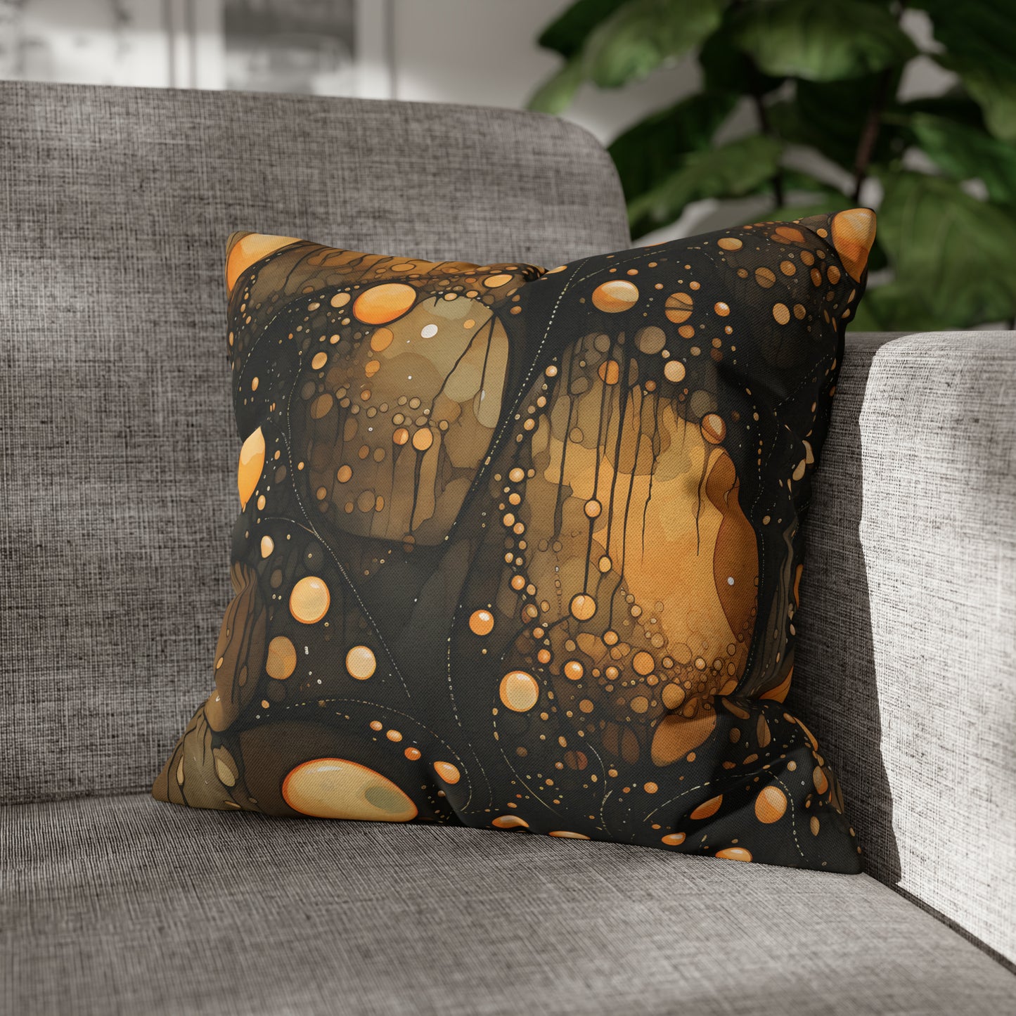 Halloween Yellow Orange Floating Blobs and Dark Spun Polyester Square Pillow Case