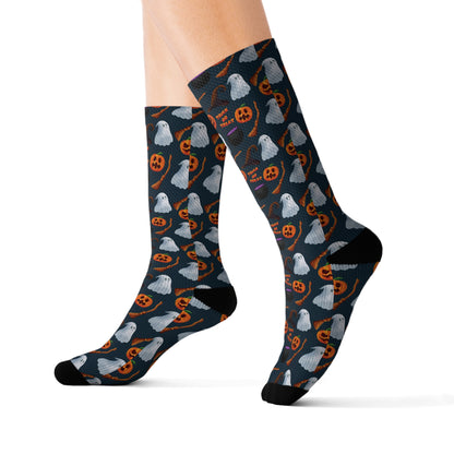 Halloween Trick or Treat Ghosts Witch Hats Jack o Lanterns Sublimation Socks