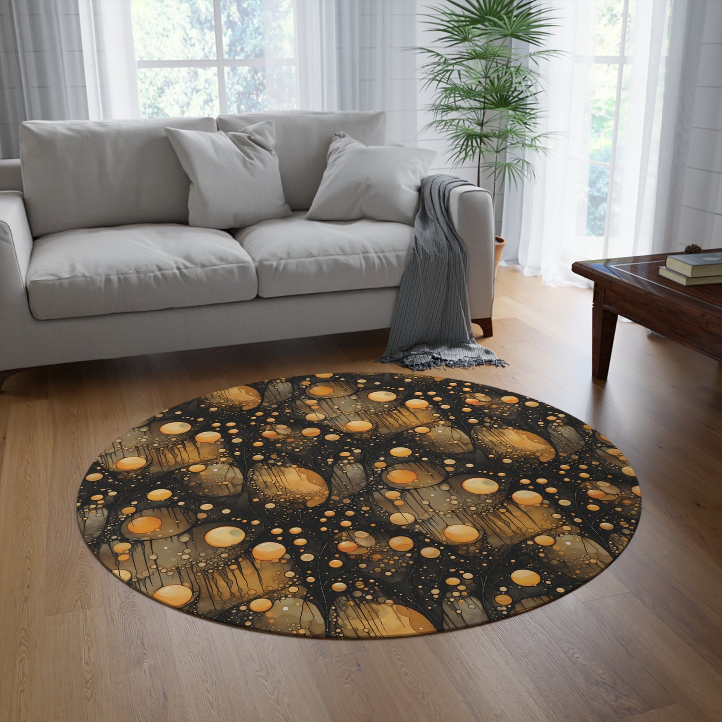 Halloween Yellow Orange Floating Blobs and Dark Round Rug