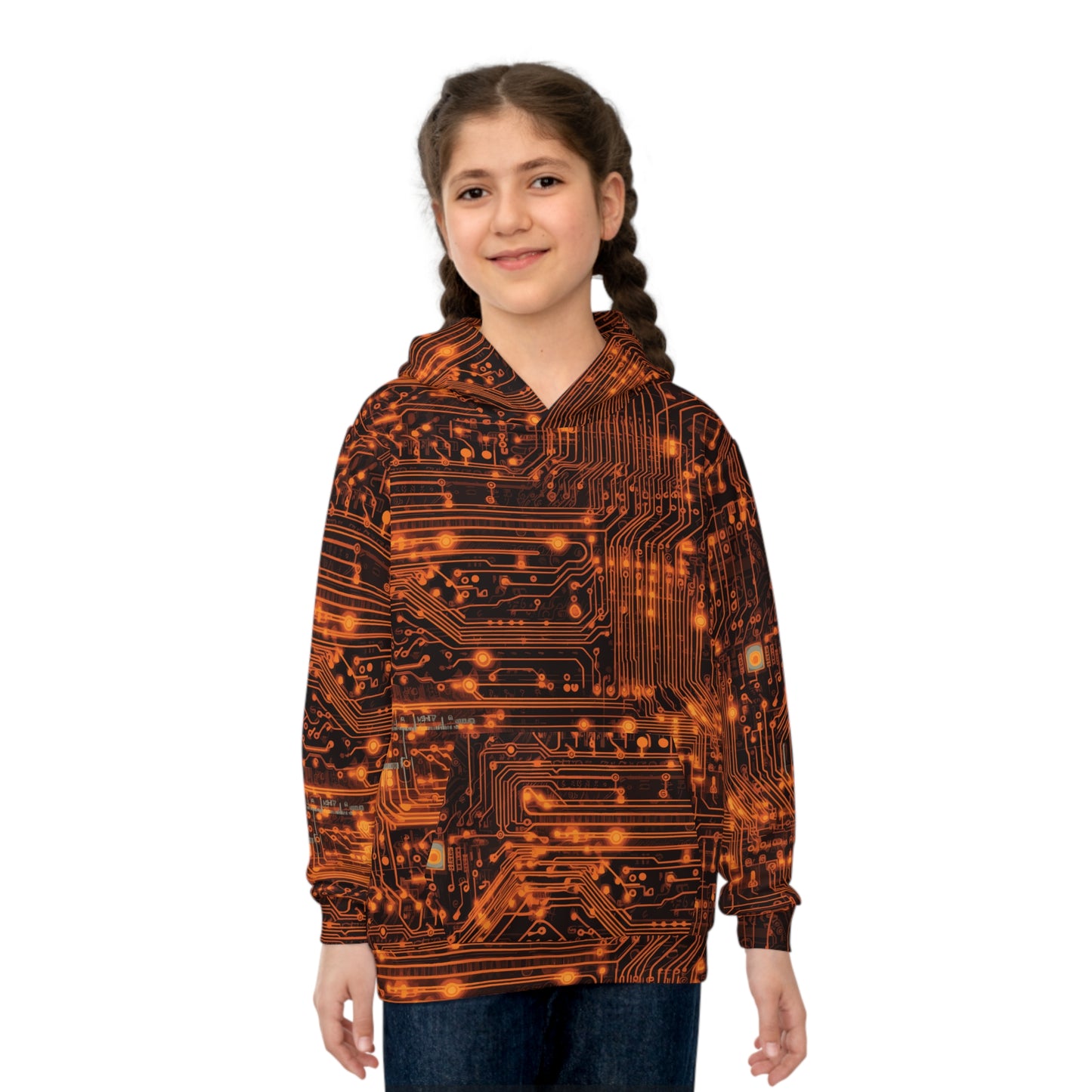 Tech Adventure Awaits: All Over Print Children's Hoodie with Orange Circuit Board and Robotic Bug Children's Hoodie (AOP)