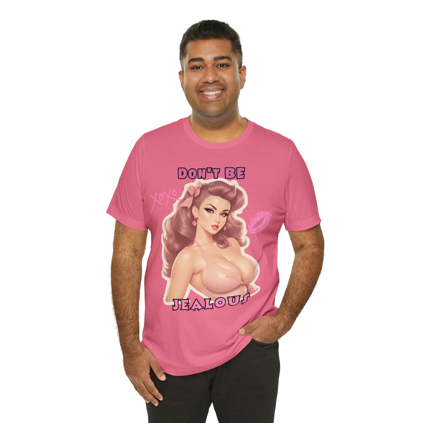 Timeless Elegance: Vintage Pink Pinup Girl "Don't Be Jealous" on a Bella+Canva 3001 Unisex Jersey T-Shirt - A Must-Have Gift for her