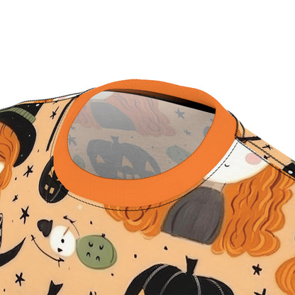 Halloween Trick or Treat Ghosts Witch Hats Jack o Lanterns Unisex Cut & Sew Tee (AOP)