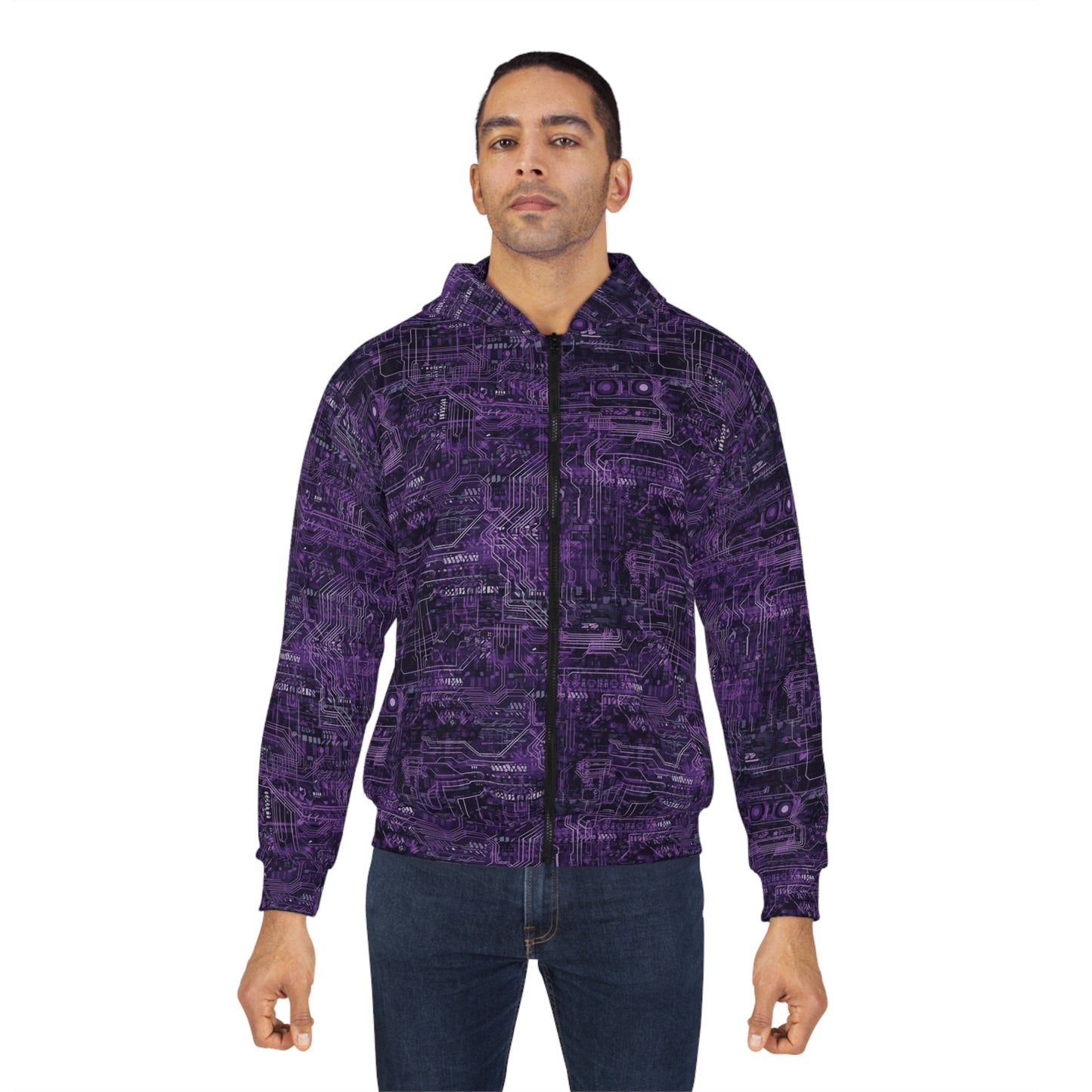 CyberPunk Cybernetic Skull breaking through a Purple Neon Circuit Board Unisex Zip Hoodie (AOP)