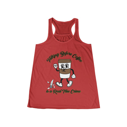 Women's Flowy Racerback Tank | Funny Coffee Lover Gift | True Crime Tee with Animated Coffee Cup"
