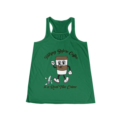 Women's Flowy Racerback Tank | Funny Coffee Lover Gift | True Crime Tee with Animated Coffee Cup"