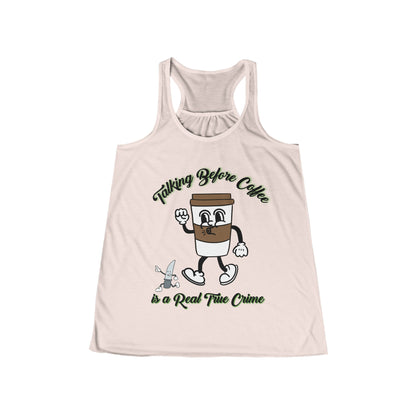 Women's Flowy Racerback Tank | Funny Coffee Lover Gift | True Crime Tee with Animated Coffee Cup"