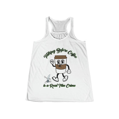 Women's Flowy Racerback Tank | Funny Coffee Lover Gift | True Crime Tee with Animated Coffee Cup"