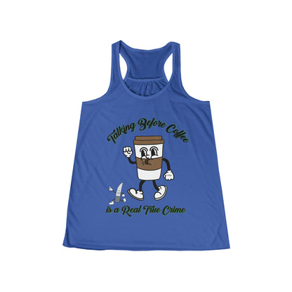 Women's Flowy Racerback Tank | Funny Coffee Lover Gift | True Crime Tee with Animated Coffee Cup"