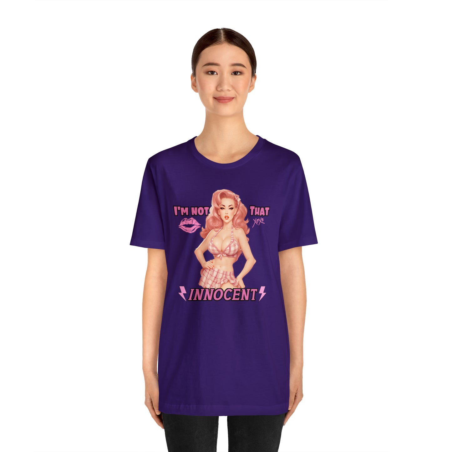 Timeless Elegance: Vintage Pink Pinup Girl "I'm not that Innocent on a Bella+Canva 3001 Unisex Jersey T-Shirt - A Must-Have Gift for her