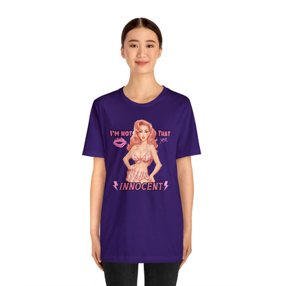 Timeless Elegance: Vintage Pink Pinup Girl "I'm not that Innocent on a Bella+Canva 3001 Unisex Jersey T-Shirt - A Must-Have Gift for her