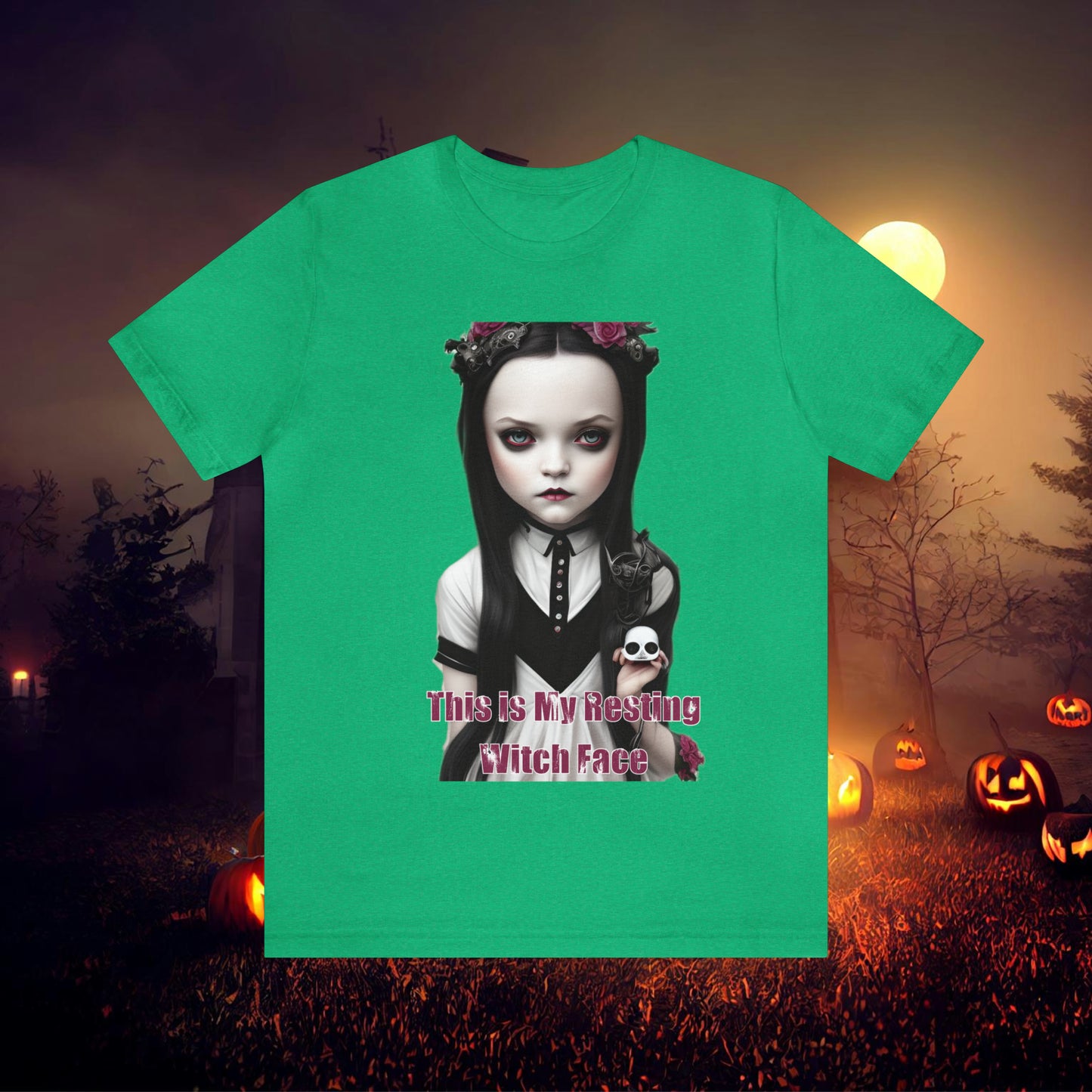 Wednesday Addams Chibi by Charlie Bowater This Is my Resting Witch Face Halloween Unisex Jersey Short Sleeve Tee