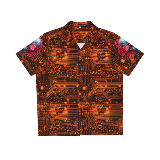 CyberPunk Cybernetic Skull breaking through a Orange Neon Circuit Board Men's Hawaiian Shirt (AOP)