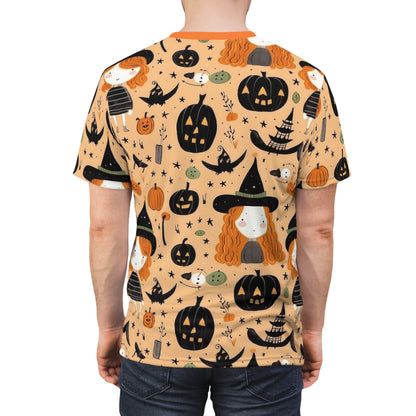 Halloween Trick or Treat Ghosts Witch Hats Jack o Lanterns Unisex Cut & Sew Tee (AOP)