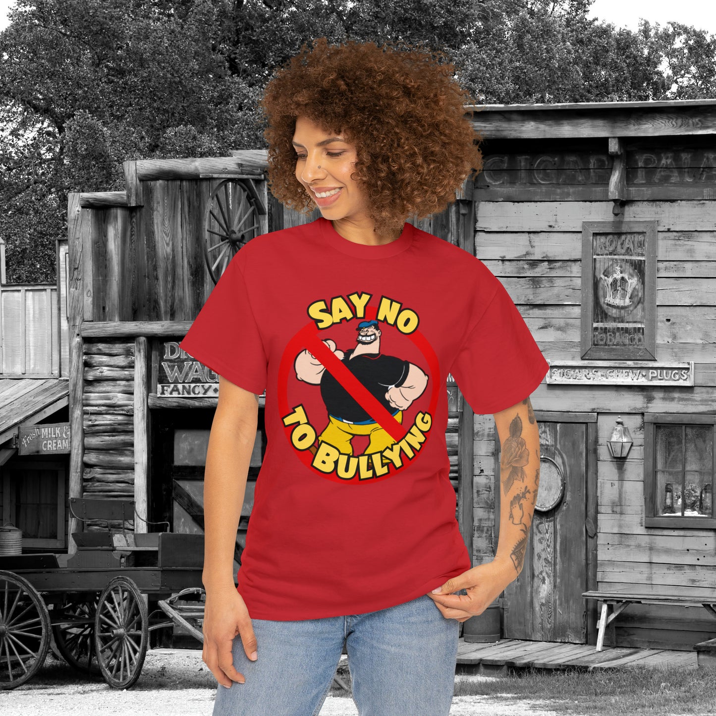 Popeye-Inspired 'Say No to Bullying' T-Shirt - Unisex Gildan 5000 Heavy Tee with Bluto Design