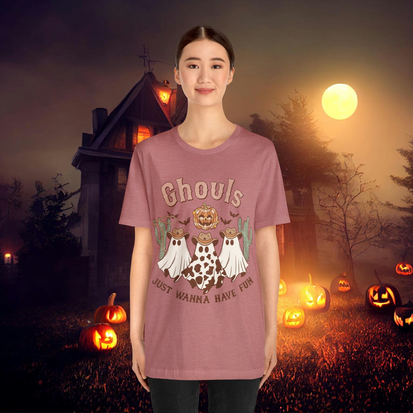 Ghouls Just wanna have fun Cowgirl Ghosts Retro Halloween Unisex Jersey Short Sleeve Tee Gifts for her