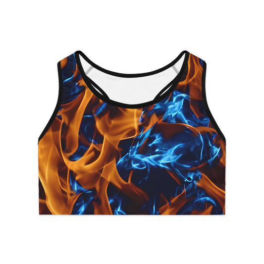 Blue and Orange Flame All Over Print (AOP) Sports Bra - Ignite Your Workout Style