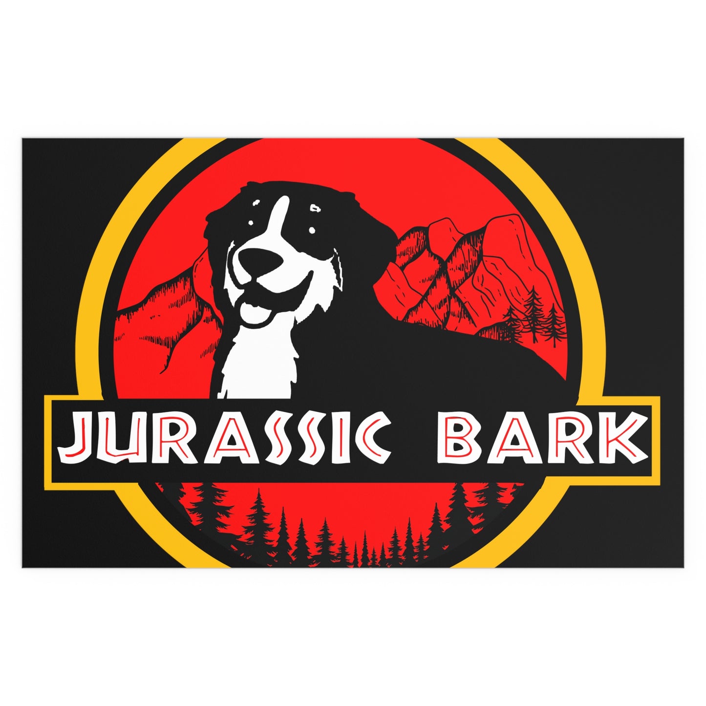 Jurassic Bark Bernese Mountain Dog Indoor and Outdoor Silk Posters