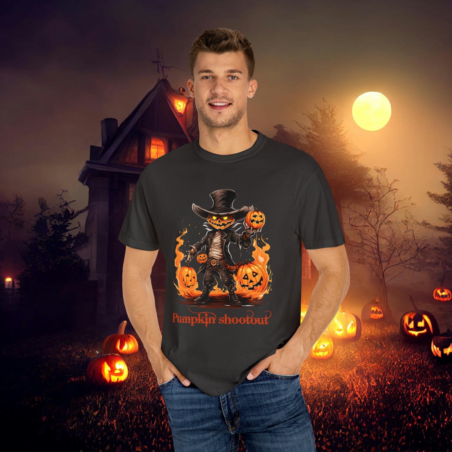 Cowboy Skeleton Gunslinger Pumpkin Shoot Out Halloween Unisex Garment-Dyed T-shirt Gifts for her Gifts for him