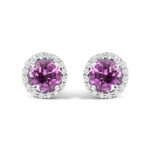 10K White Gold Purple Amethyst and 1/6 Cttw Diamond Halo Stud Earring