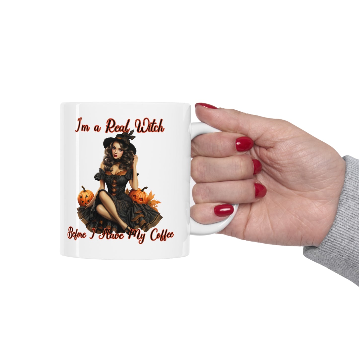 Vintage Pinup Witch: Sip Your Spells in Style "I'm a real Witch before I have my coffee" Halloween Ceramic 11oz Mug Gifts for her