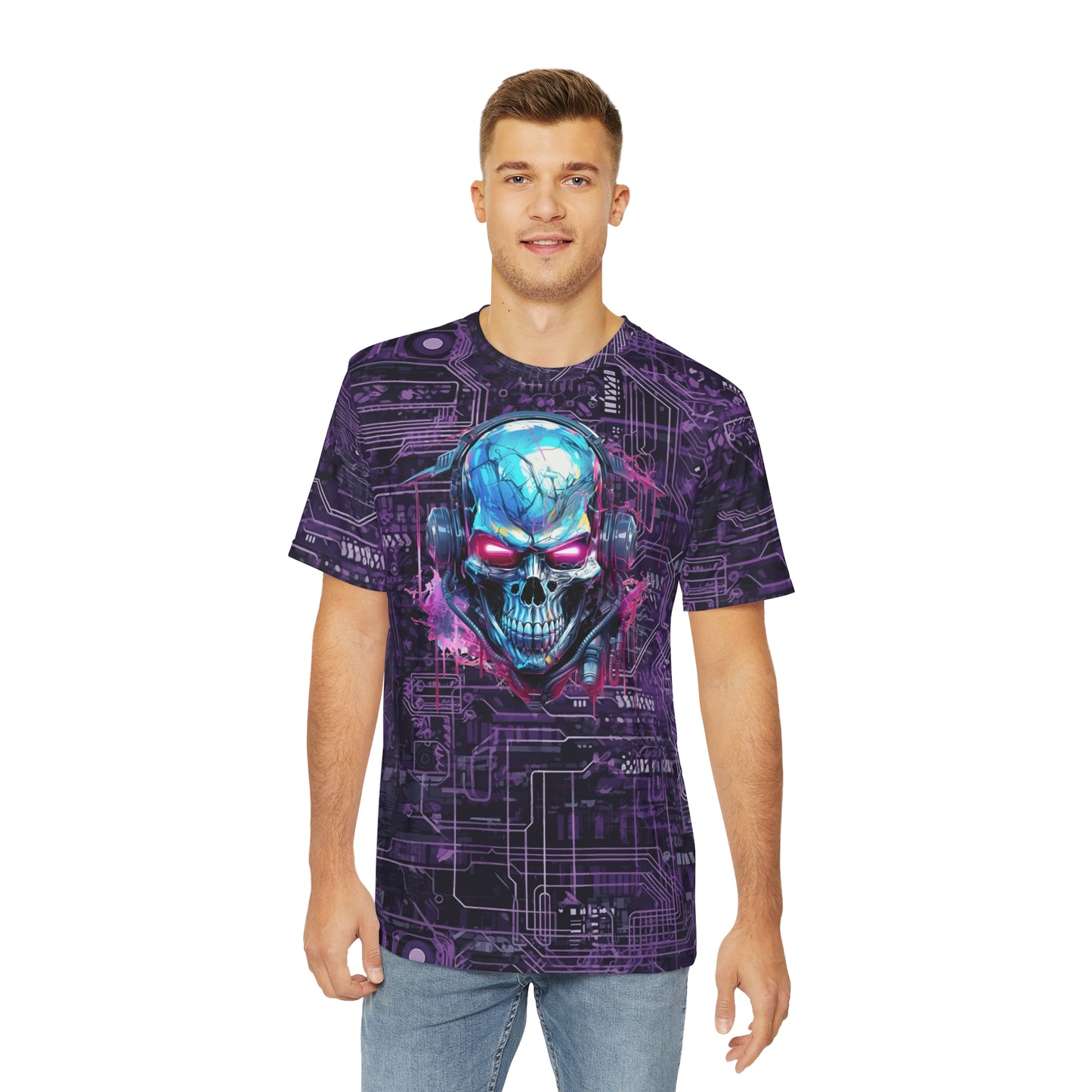 CyberPunk Cybernetic Skull breaking through a Purple Neon Circuit Board Men's Polyester Tee (AOP)