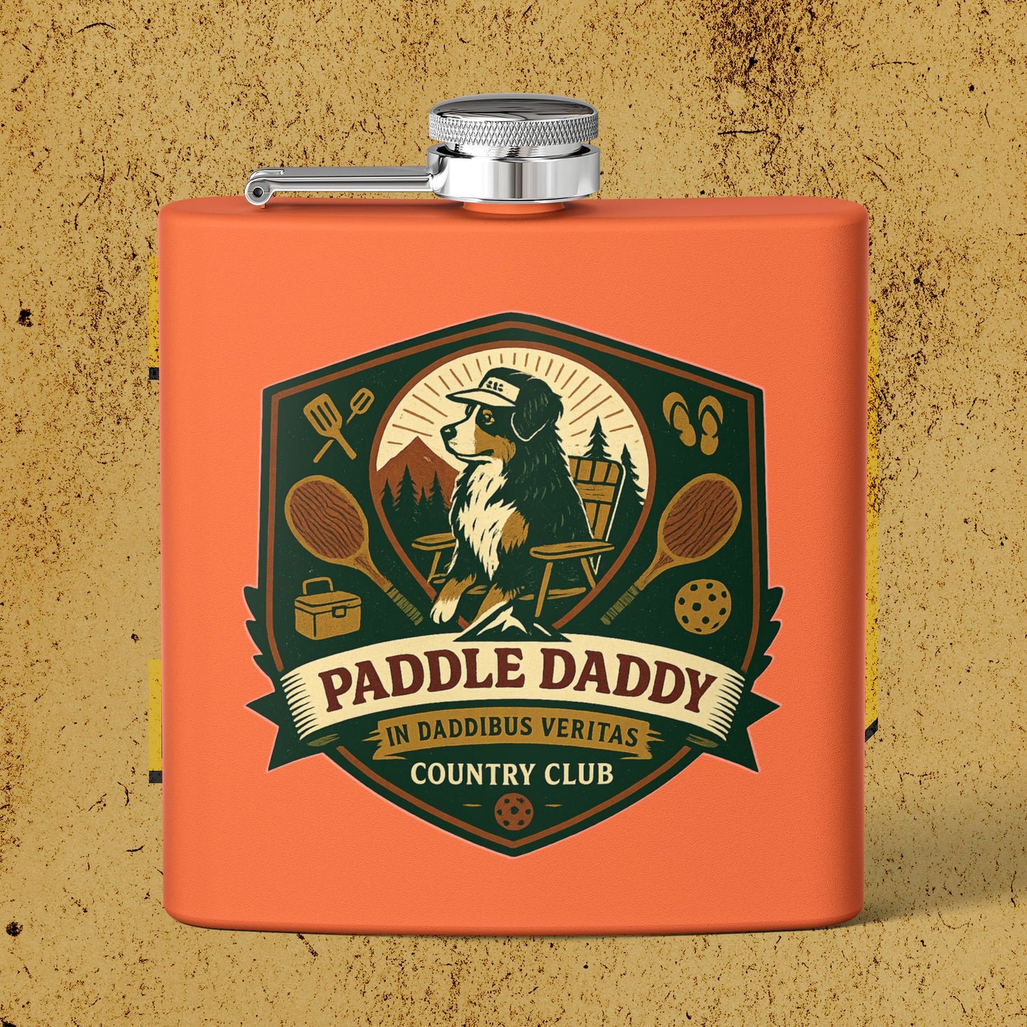 Paddle Daddy Stainless Steel Flask, Chloe Dog Design, Pickleball & Paddle Sports Gift, In Daddibus Veritas Dadcore Accessory